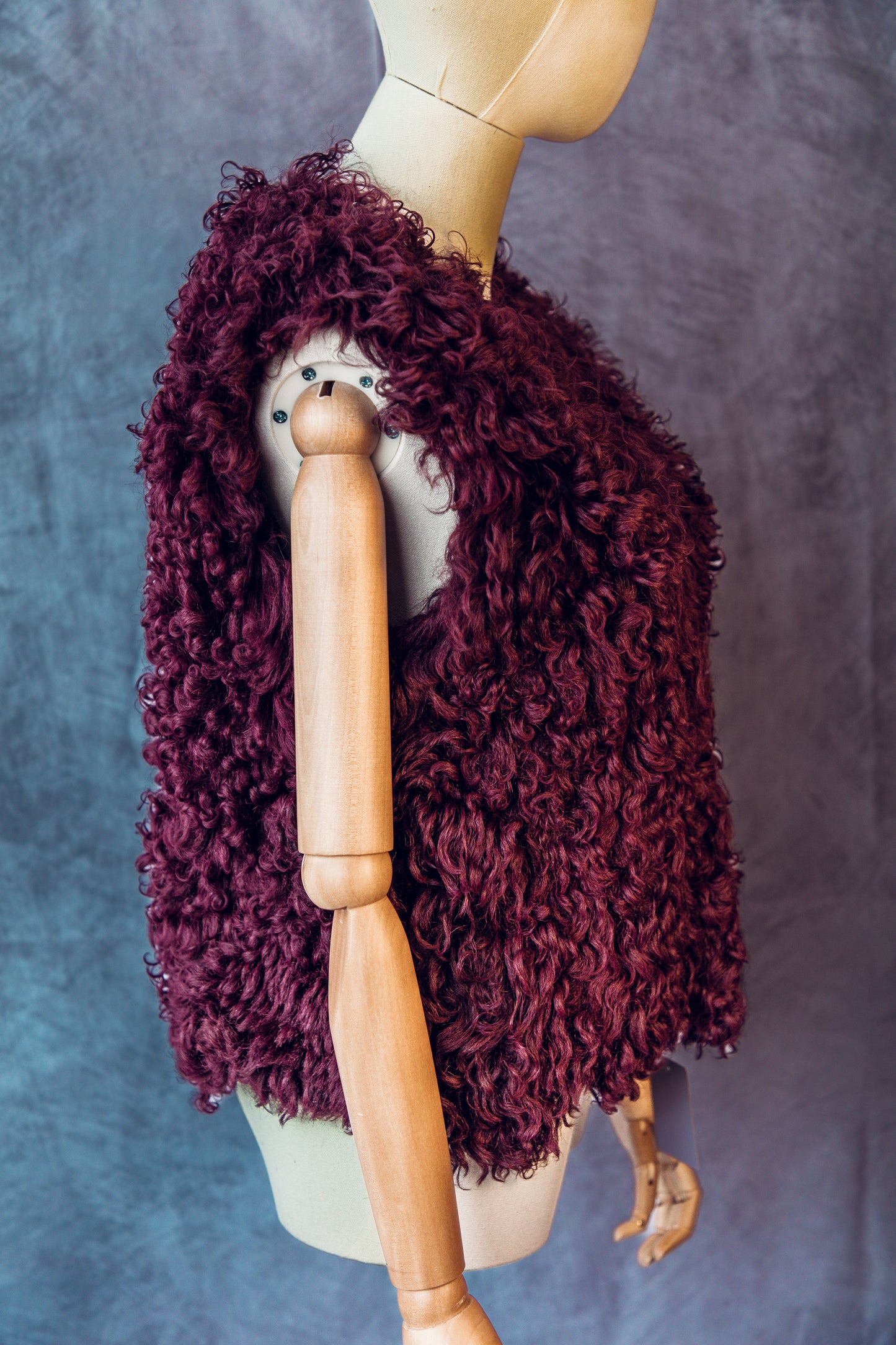 Vintage Fur Vest Curly Lamb Burgundy XS- FC025