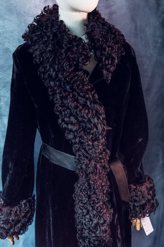 Vintage Black Velvet Fur Coat Trimmed in Persian Lamb Small-FC110