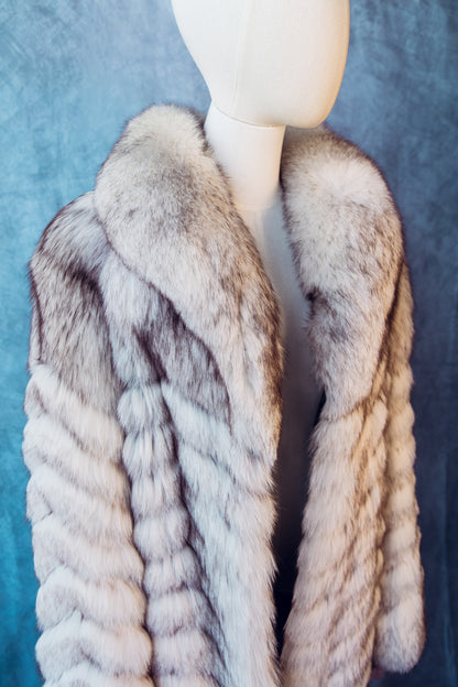 Vintage Fur Fox Coat  Crystal Grey Full Length Medium/Large Chevron Pattern-FC09