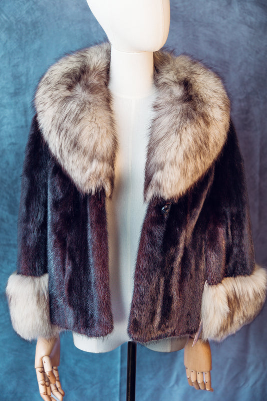 Vintage Fur Mink cropped Brown Jacket  Fox Collar  Small/Medium FC020