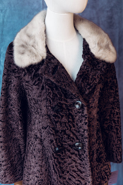 Vintage Fur Persian Lamb With Mink Collar Brown Small/Medium-FC023