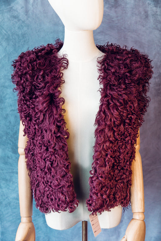 Vintage Fur Vest Curly Lamb Burgundy XS- FC025
