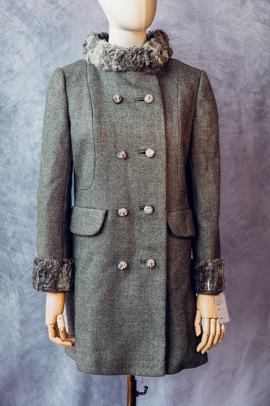 Vintage Fur Persian Lamb Details on Wool Grey Coat Small/Medium  FC033