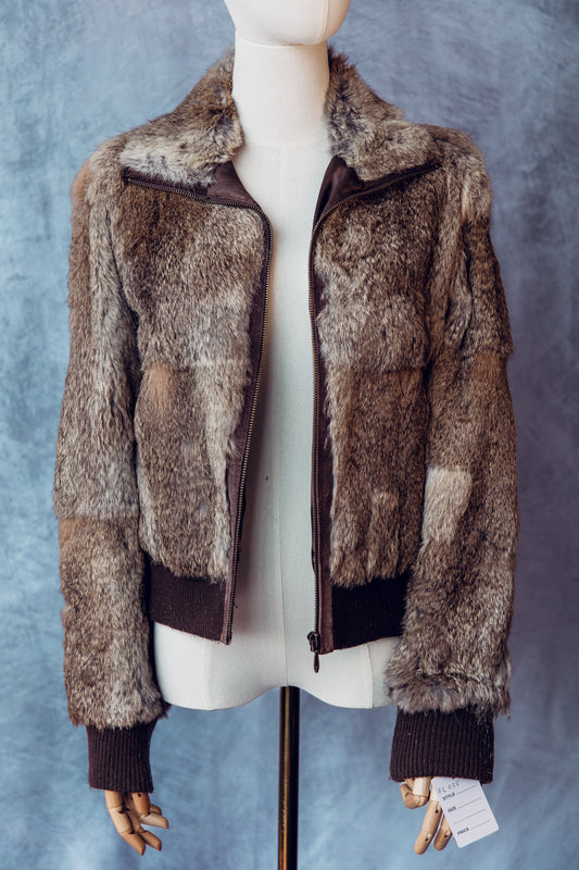 Vintage Fur Rex Rabbit Bomber Jacket With Leather Small-FC035