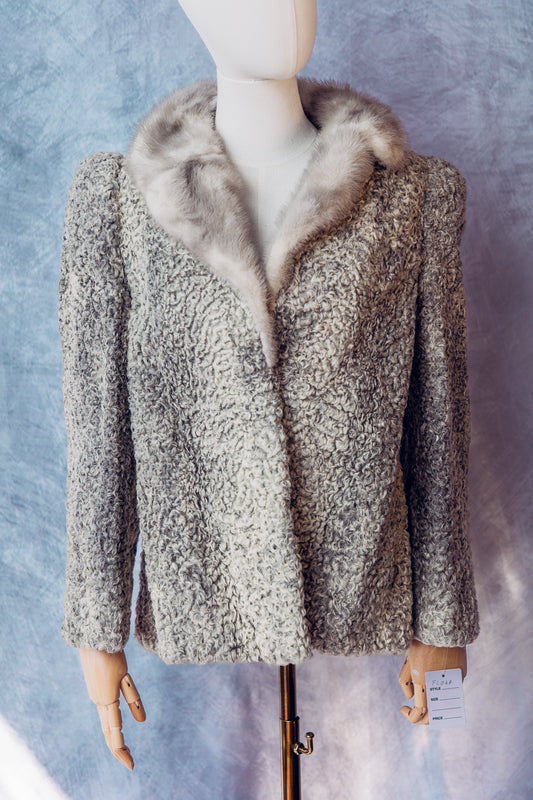 Vintage Fur  Persian Lamb With Mink Collar Grey Coat Medium - FC067