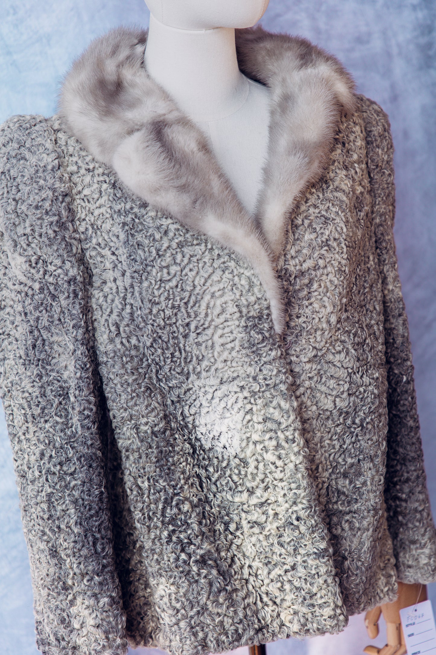 Vintage Fur  Persian Lamb With Mink Collar Grey Coat Medium - FC067
