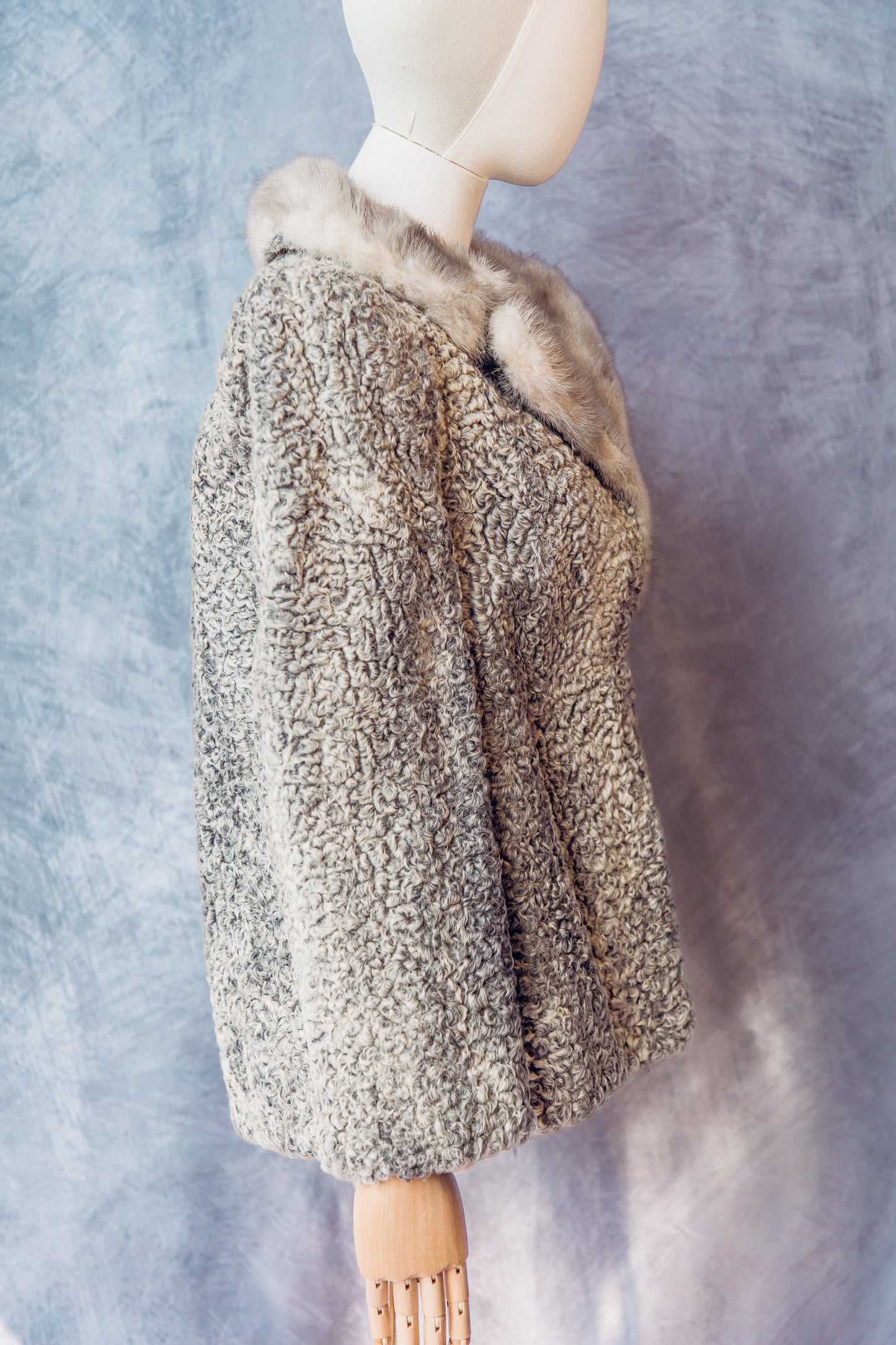 Vintage Fur  Persian Lamb With Mink Collar Grey Coat Medium - FC067
