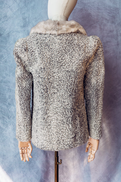 Vintage Fur  Persian Lamb With Mink Collar Grey Coat Medium - FC067