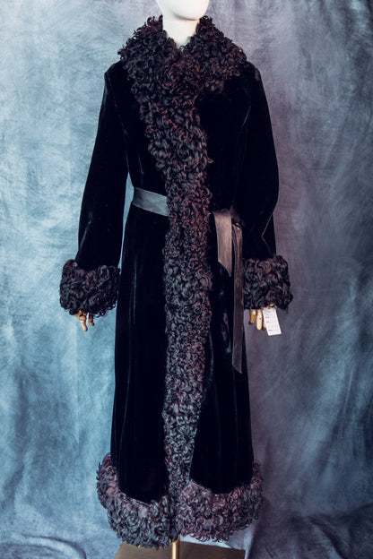 Vintage Black Velvet Fur Coat Trimmed in Persian Lamb Small-FC110