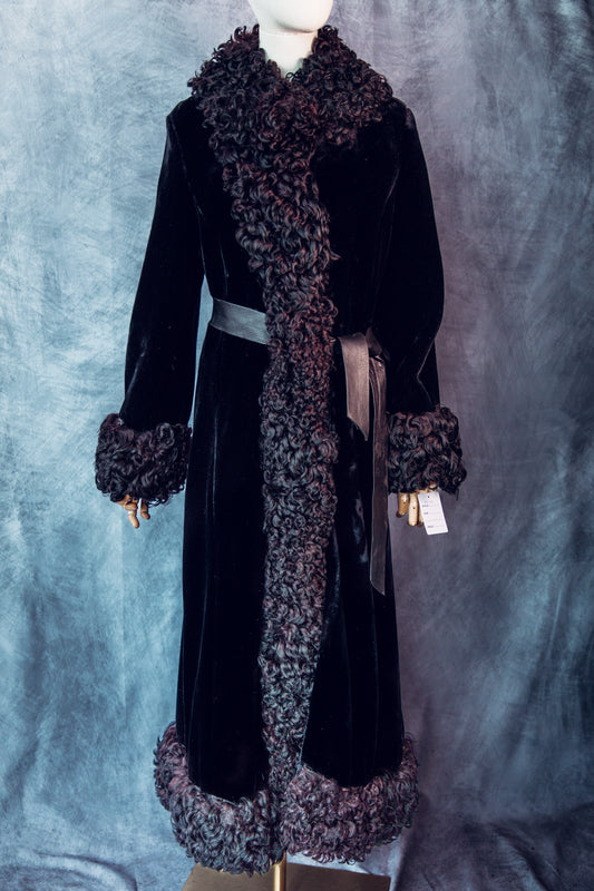 Vintage Black Velvet Fur Coat Trimmed in Persian Lamb Small-FC110