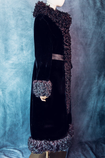 Vintage Black Velvet Fur Coat Trimmed in Persian Lamb Small-FC110