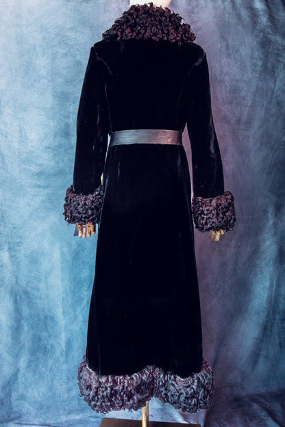 Vintage Black Velvet Fur Coat Trimmed in Persian Lamb Small-FC110